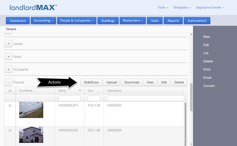 LandlordMax Real Estate Rental Software - Cloud Edition SubPanel Actions