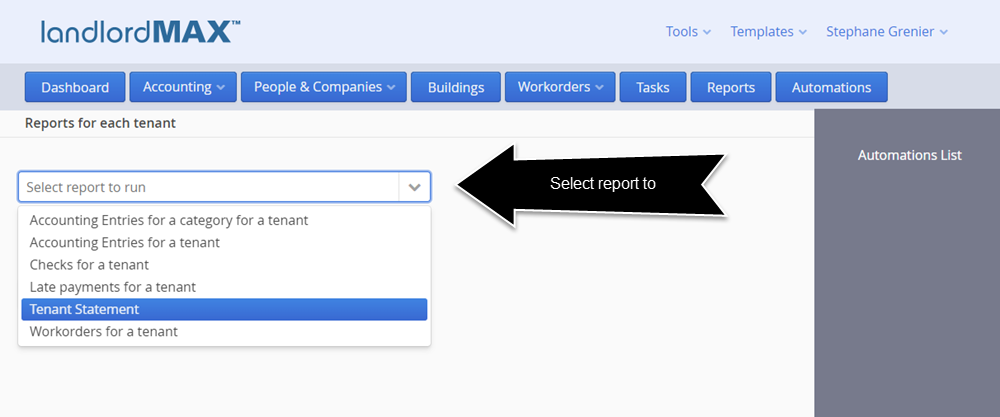 LandlordMax Property Management Software - Cloud Edition Automation Report Selection