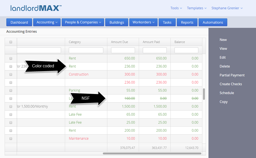 LandlordMax Property Management Software - Cloud Edition Color Codes