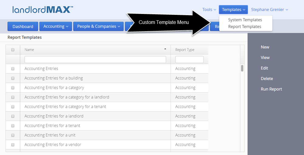 LandlordMax Property Management Software - Cloud Edition Custom Templates Menu