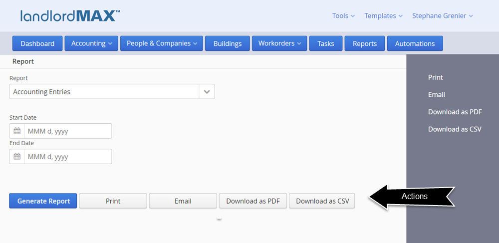 LandlordMax Property Management Software - Cloud Edition Report Actions