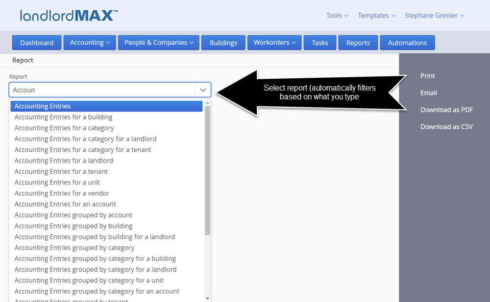 LandlordMax Property Rental Software - Cloud Edition Report Filter