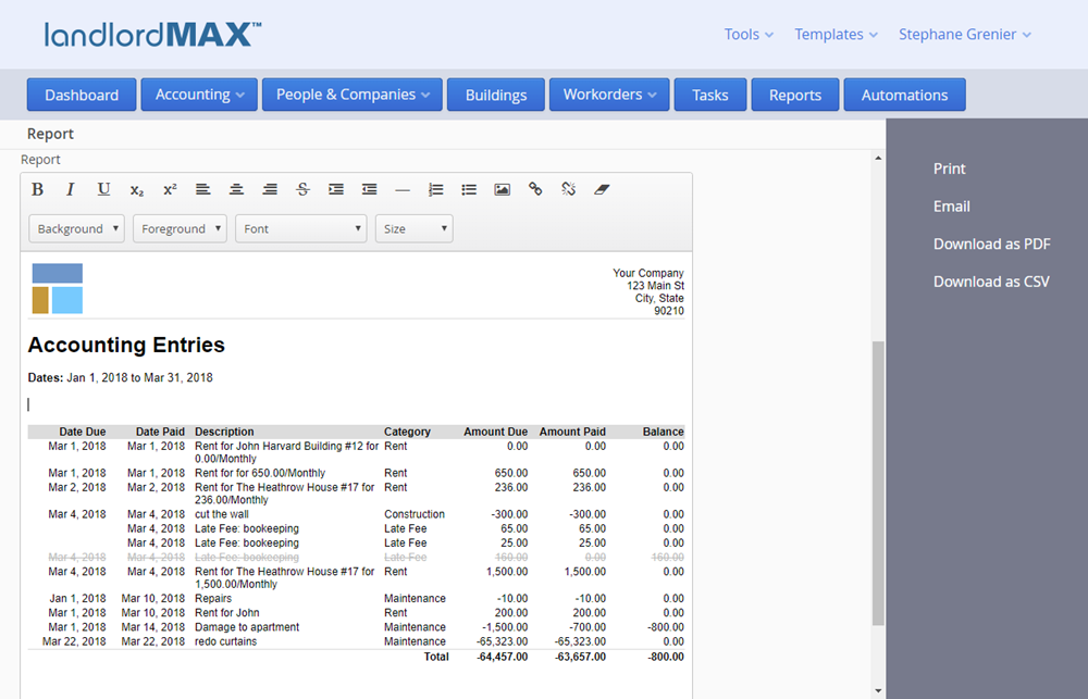 LandlordMax Property Management Software - Cloud Edition Report Generation