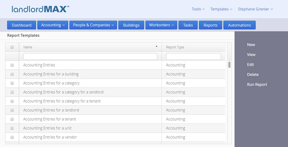 LandlordMax Property Management Software - Cloud Edition Report Template List