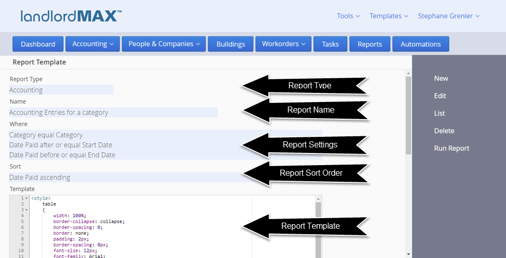 LandlordMax Property Management Software - Report Template View