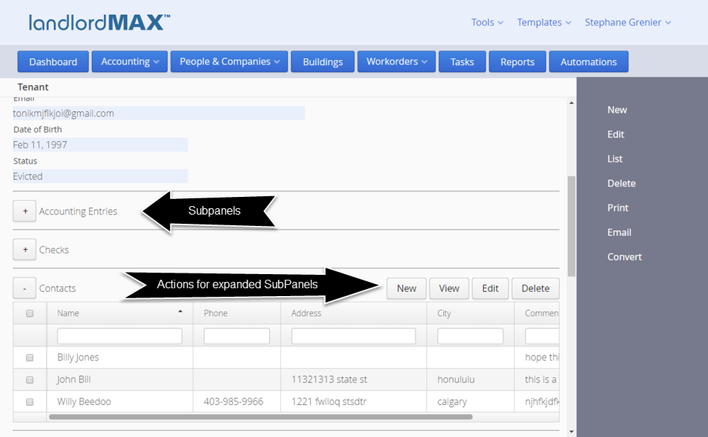 LandlordMax Property Management Software - Cloud Edition SubPanels